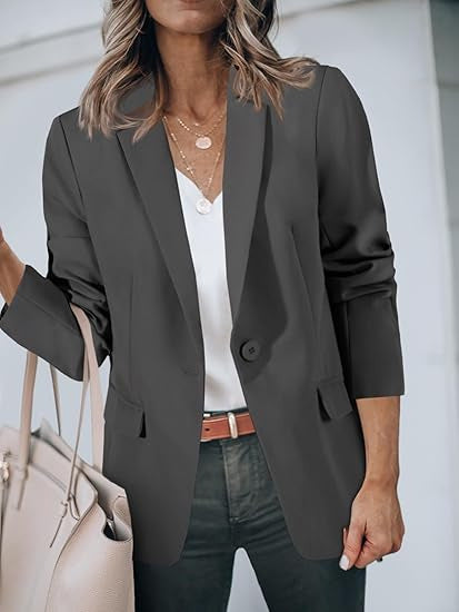 Damen Leichter Stretch-Blazer mit Schalkragen, Ein-Knopf-Verschluss und dreiviertelärmeln EB