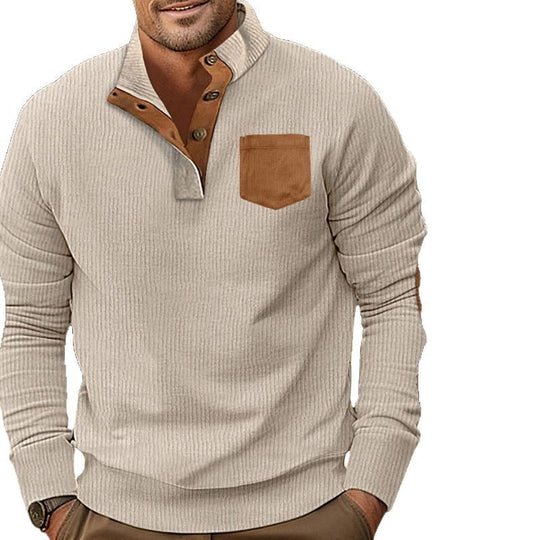 Herren nan strukturiertes Halbknopf-Troyer mit Kentkragen, Brusttasche und Lederoptik-Ellbogenpatches EB