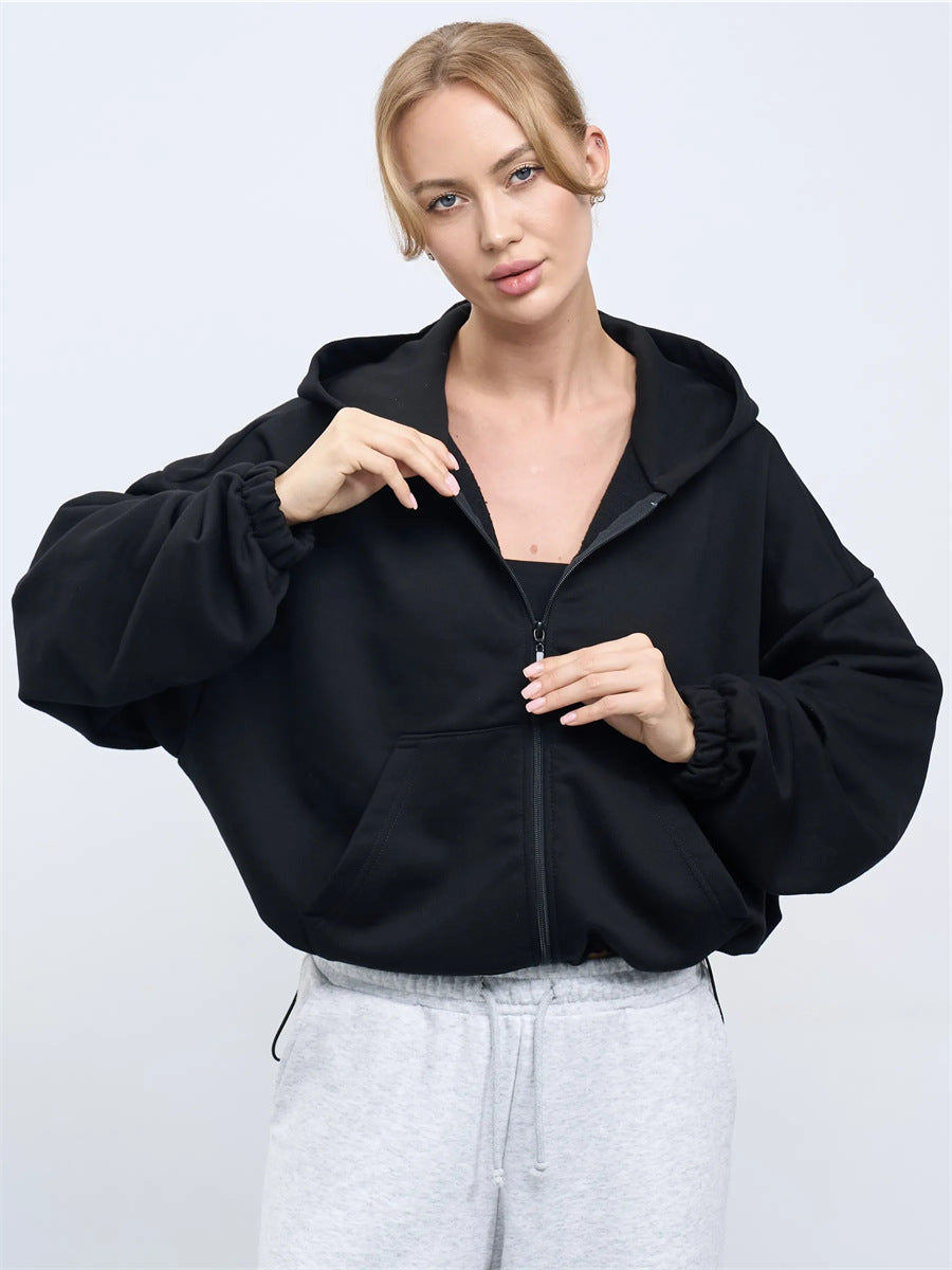 Damen legeres Cropped-Fleece-Hoodie mit Tunnelzugbund, Raglanärmeln und Reißverschluss Eichborn Berlin