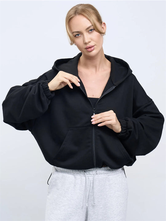 Damen legeres Cropped-Fleece-Hoodie mit Tunnelzugbund, Raglanärmeln und Reißverschluss Eichborn Berlin