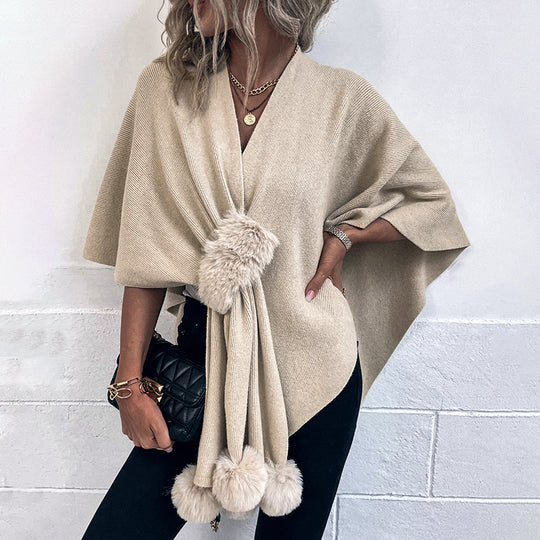 Damen eleganter Poncho mit luxuriösem Kunstfellbesatz EB