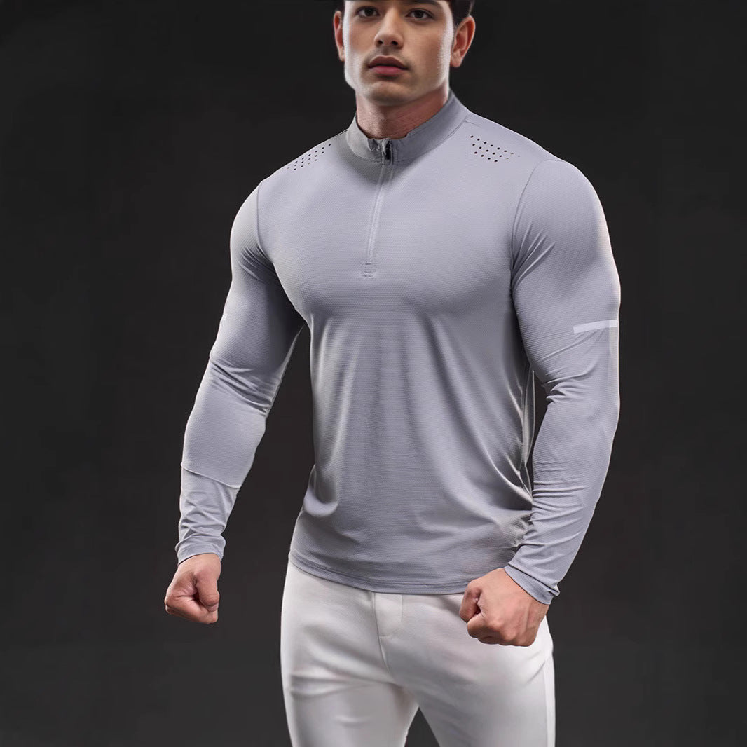 Herren Atmungsaktives Longsleeve Trainingsshirt mit Stehkragen und Kurz-Reißverschluss EB
