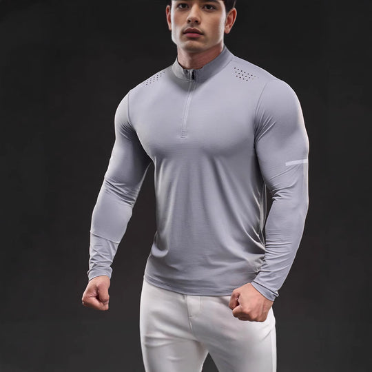 Herren Atmungsaktives Longsleeve Trainingsshirt mit Stehkragen und Kurz-Reißverschluss EB