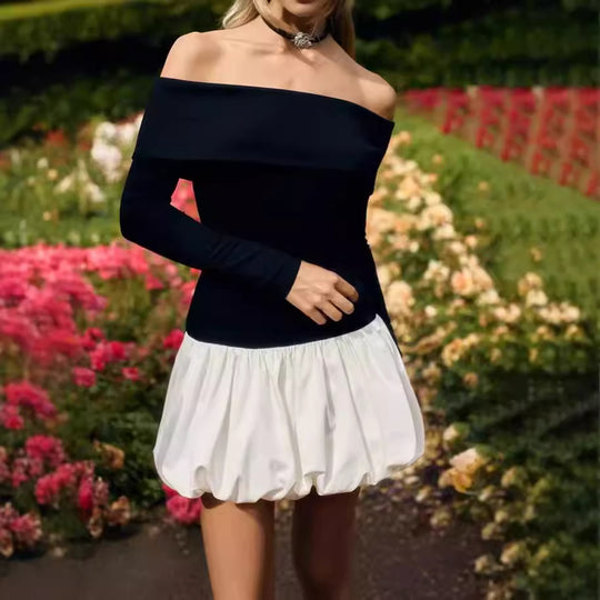 Damen Off-Shoulder Minikleid mit voluminösem Rock und langen Ärmeln EB