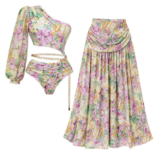 Damen Einseitiger Badeanzug mit floralen Mustern und glamouröse Kette EB