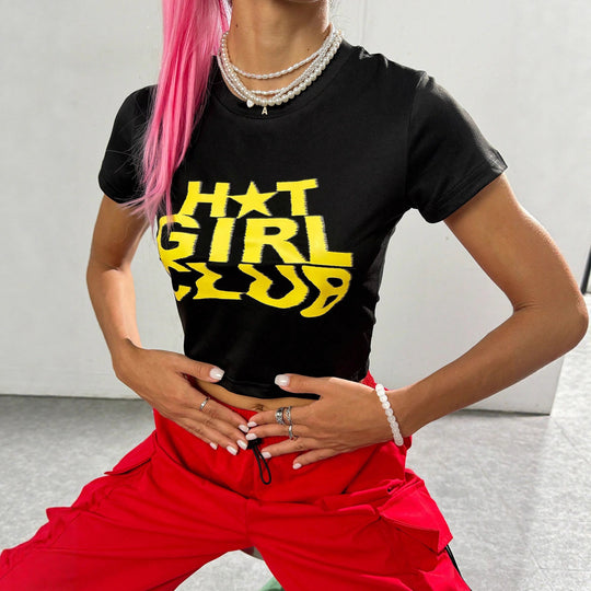 Damen Crop-T-Shirt mit auffälligem Schriftzug und figurbetontem Schnitt EB