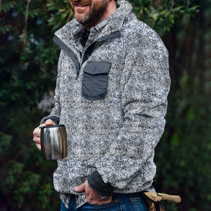 Herren Fleece-Pullover mit Karomuster und Hohem Kragen EB