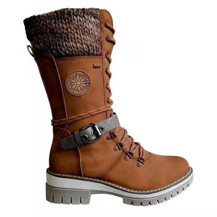 Damen nan hoher Schnürstiefel mit Strickbündchen, robuster Profilsohle und seitlichem Reißverschluss EB