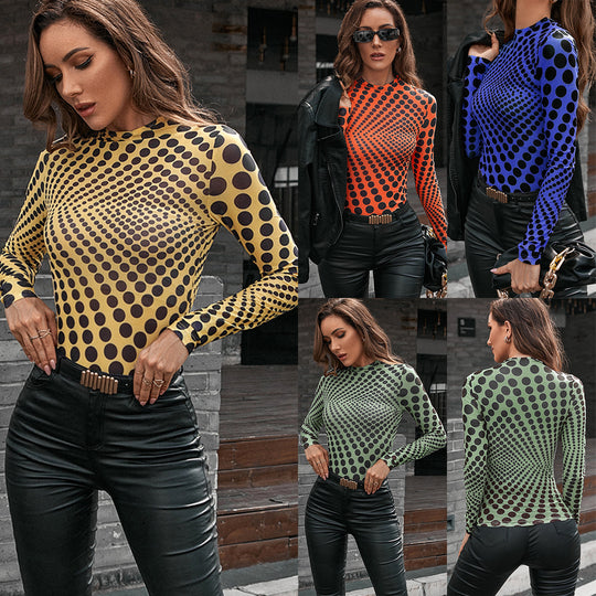 Damen figurbetontes Langarmshirt mit grafischem Punktedesign EB