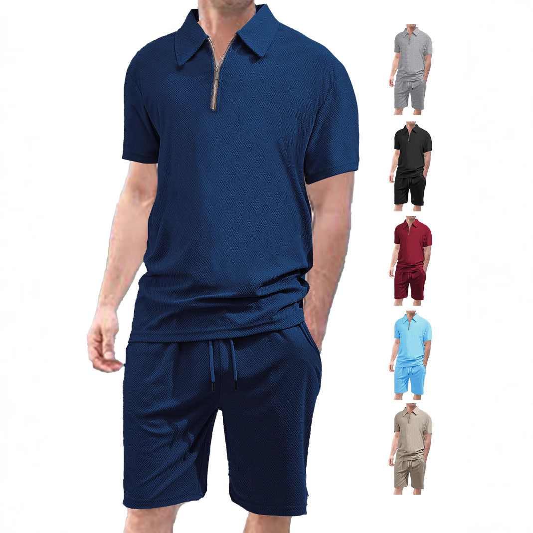 Herren nan komfortables Kurzarm-Halbzip-Set mit Polokragen und elastischer Kordelhose aus Strukturstrick EB