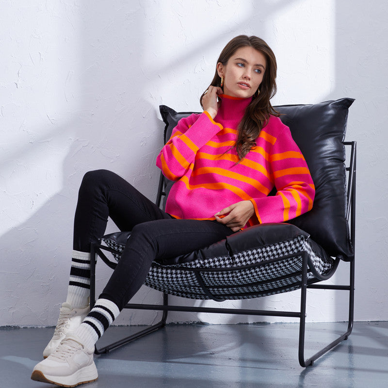 Damen hochwertiger gestreifter Pullover mit Stehkragen EB
