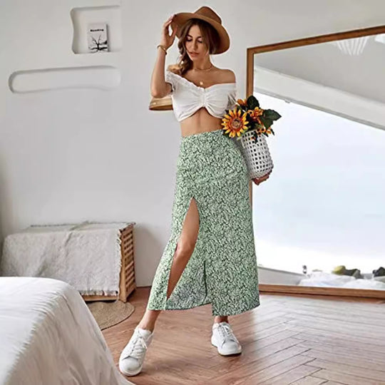 Damen Maxirock mit floralem Print und seitlichem Schlitz EB