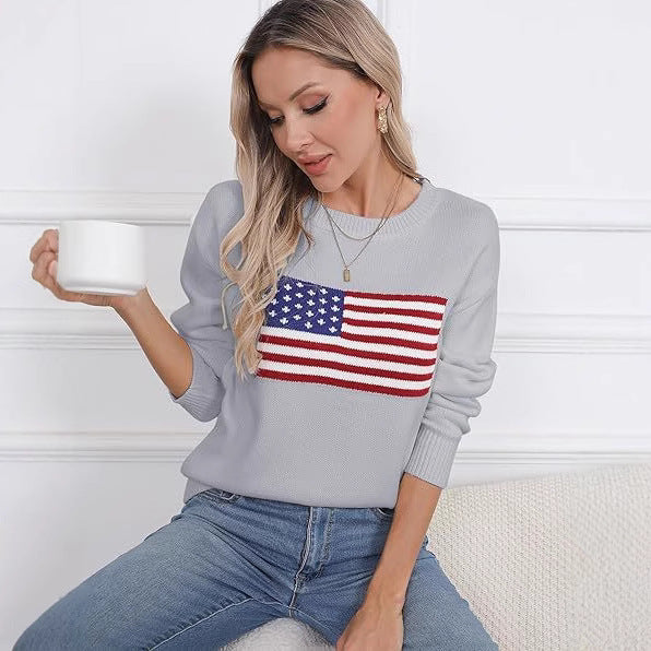 Damen Strickpullover mit Flaggenmotiv und lässigem Schnitt EB