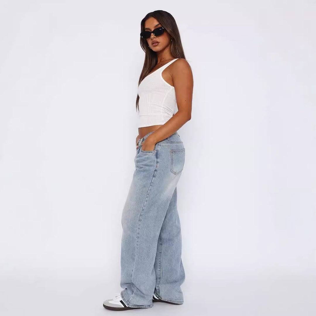 Damen lässige weite Jeans mit hohem Bund und modischem Schnitt EB