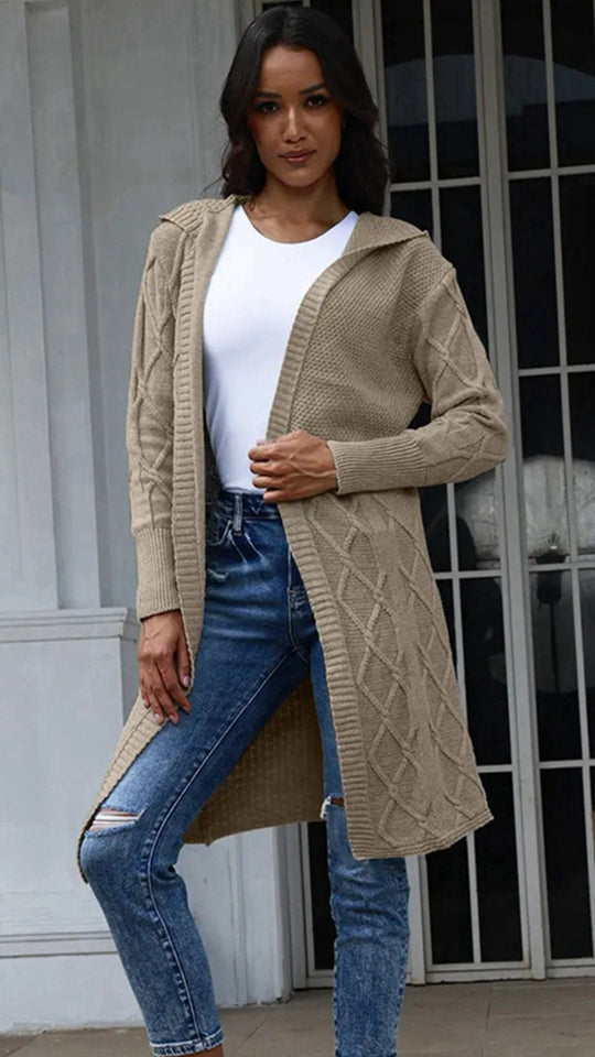 Damen Strickmantel mit Kapuze und dekorativem Zopfdesign EB