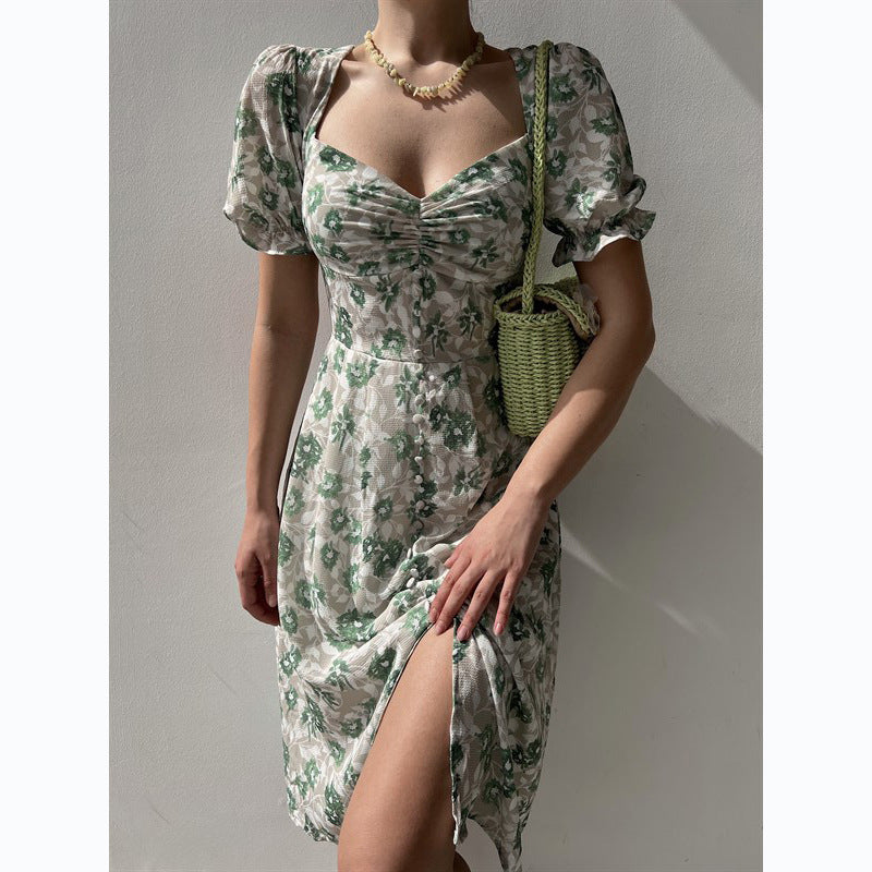 Damen Blumenkleid mit gerafften Ärmeln und seitlichem Schlitz EB