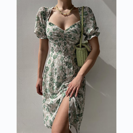 Damen Blumenkleid mit gerafften Ärmeln und seitlichem Schlitz EB
