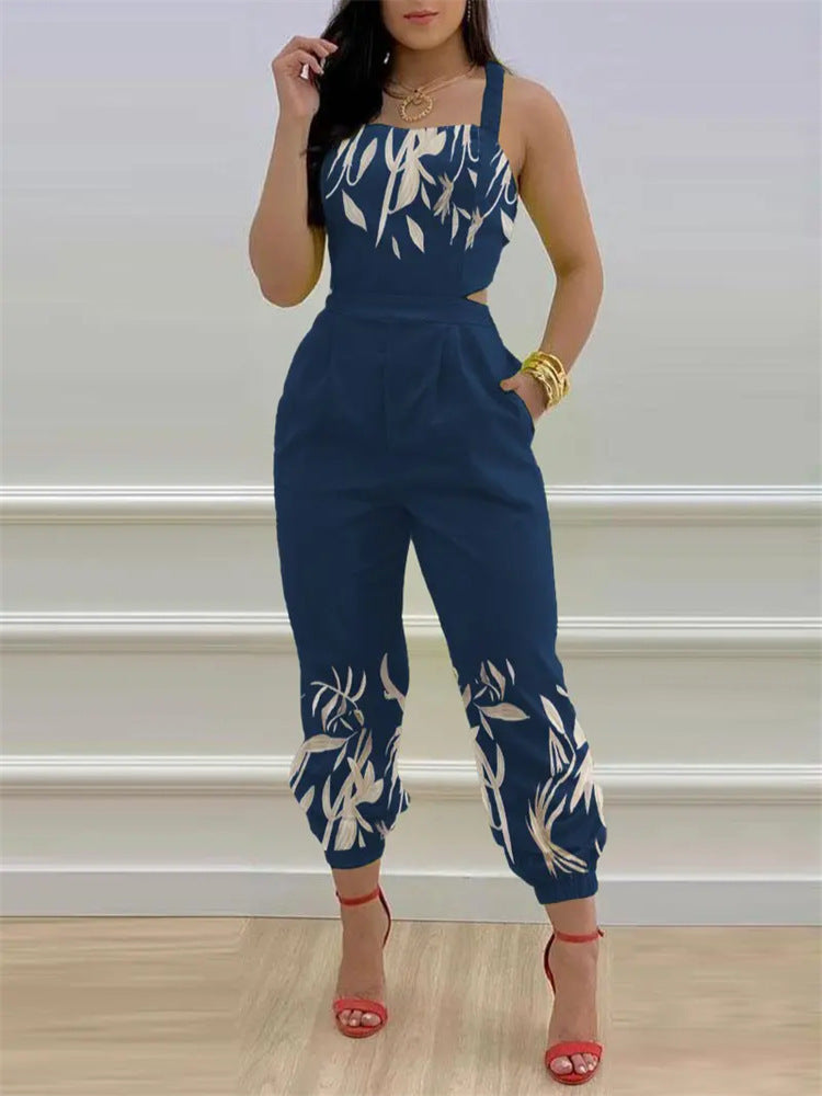 Damen eleganter Jumpsuit mit detailverliebtem Blättermotiv EB