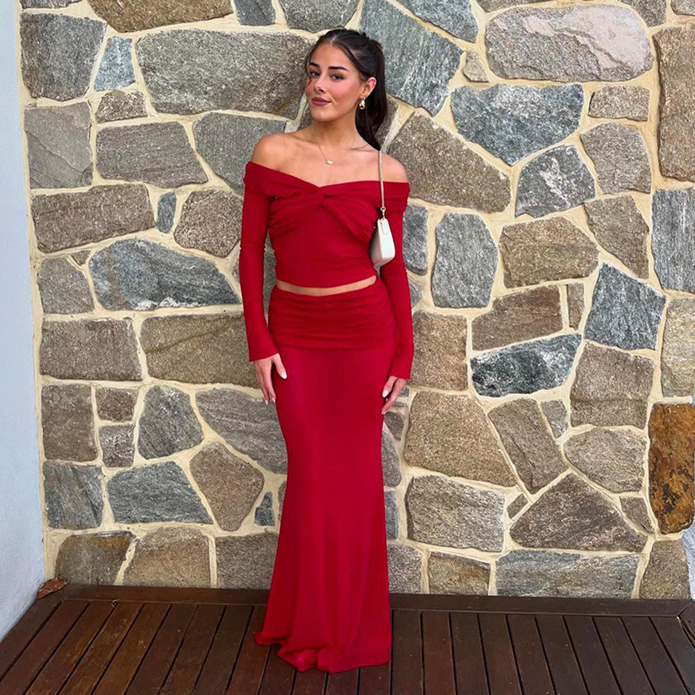 Damen Raffiniertes zweiteiliges Abendkleid im Off-Shoulder-Stil EB