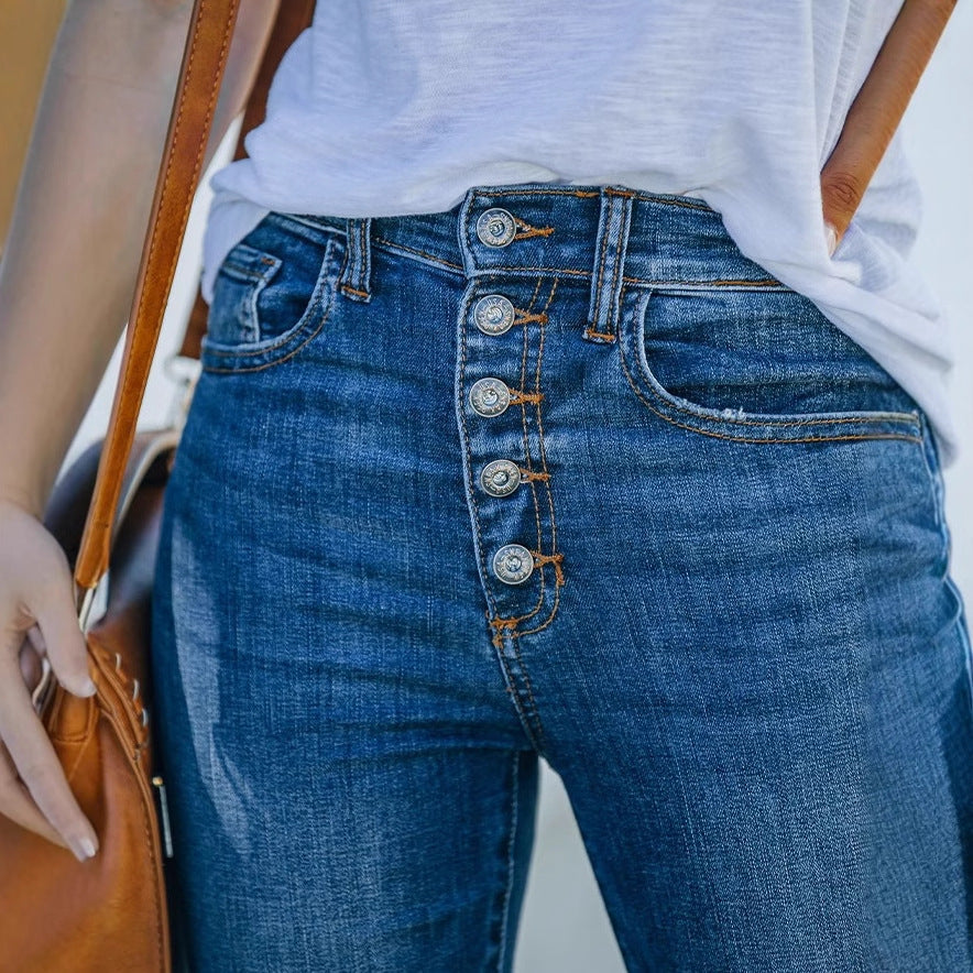 Damen Flared Jeans mit modischen Fransen und hoch sitzendem Bund EB