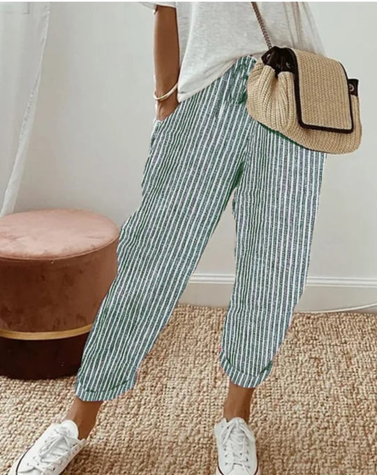 Damen lässige Streifenhose mit elastischem Bund und praktischen Eingrifftaschen EB