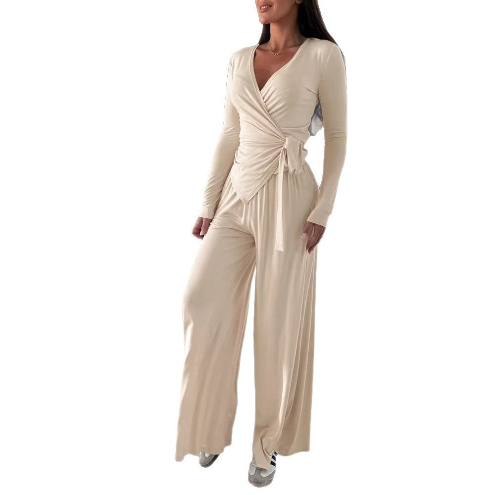 Damen Wickel-Jersey-Maxikleid mit V-Ausschnitt, Taillenband und weitem Palazzo-Rock EB