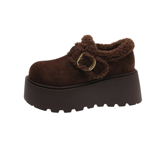 Damen Plüschige Slipper mit robustem Plateau und eleganter Schnalle EB