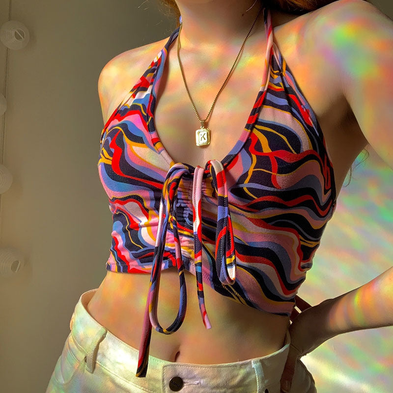 Damen Crop-Bikini-Oberteil mit Kordelzug und farbenfrohem Design EB