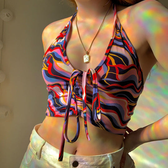Damen Crop-Bikini-Oberteil mit Kordelzug und farbenfrohem Design EB