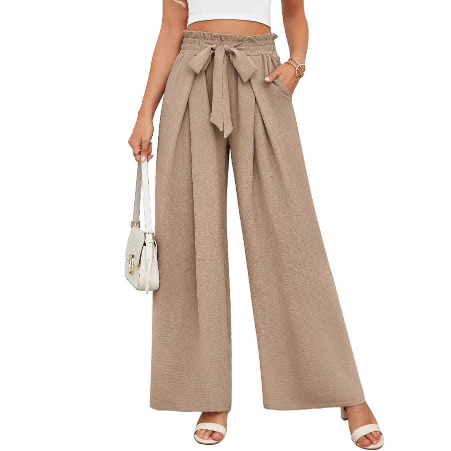 Damen weite Hochbundhose mit Taillengürtel und fließendem Stoff EB