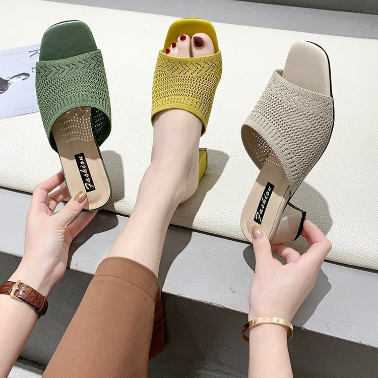 Damen Wedge-Pantoletten mit stilvollem Netzdesign und komfortablem Blockabsatz EB