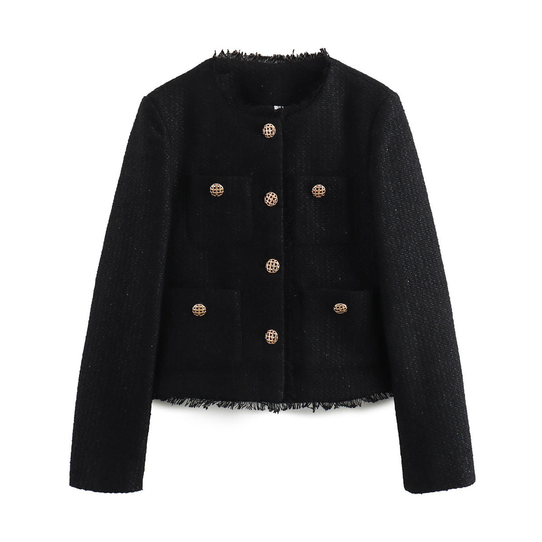 Damen elegante kurz geschnittene Blazerjacke mit strukturiertem Gewebe und goldenen Knopfdetails EB