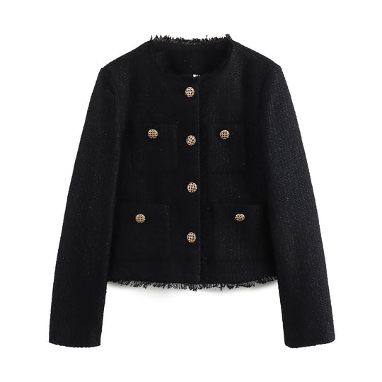 Damen elegante kurz geschnittene Blazerjacke mit strukturiertem Gewebe und goldenen Knopfdetails EB