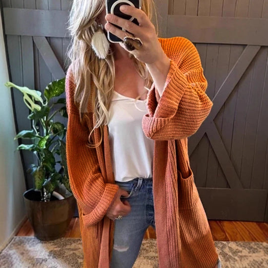 Damen luftige Strickjacke mit praktischen Taschen und lockerer Passform EB
