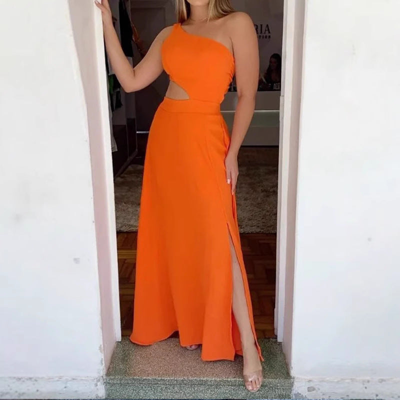 Damen Elegantes Maxikleid mit asymmetrischem Ausschnitt und Seitenschlitzen EB