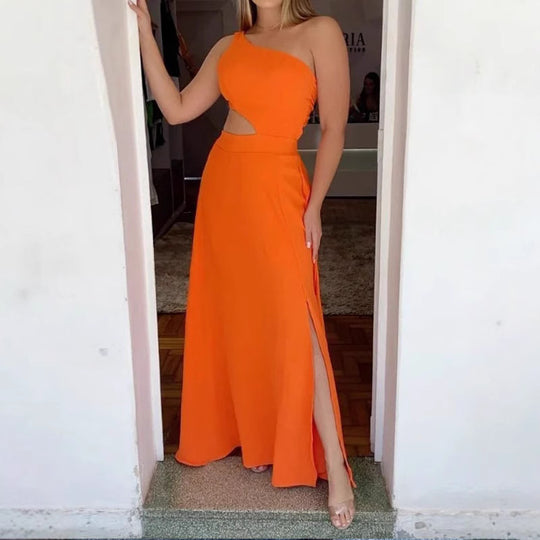 Damen Elegantes Maxikleid mit asymmetrischem Ausschnitt und Seitenschlitzen EB