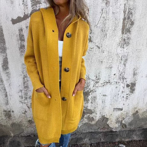 Damen Strickjacke mit Kapuze und dekorativen Knöpfen EB
