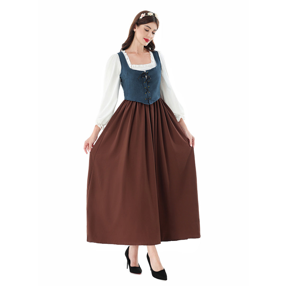Damen nan historisches Mittelalterkleid mit geschnürter Miederweste, rüschiger Bluse und weitem Maxirock EB