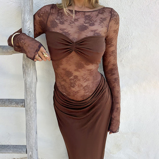 Damen Hochwertiges Maxikleid mit transparenten Langarmen EB
