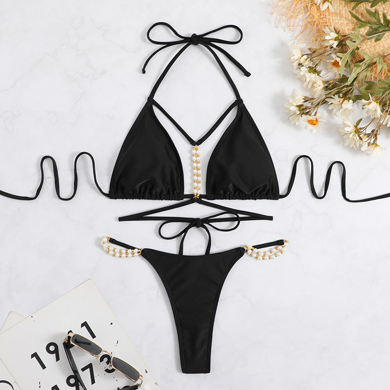 Damen Triangel-Bikini mit kunstvollen Perlenakzenten und verstellbaren Trägern EB