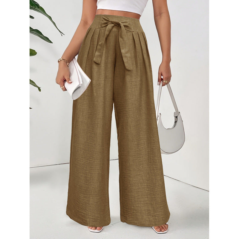 Damen Weite Hochtaillierte Hose mit Schleifenbund und Falten EB