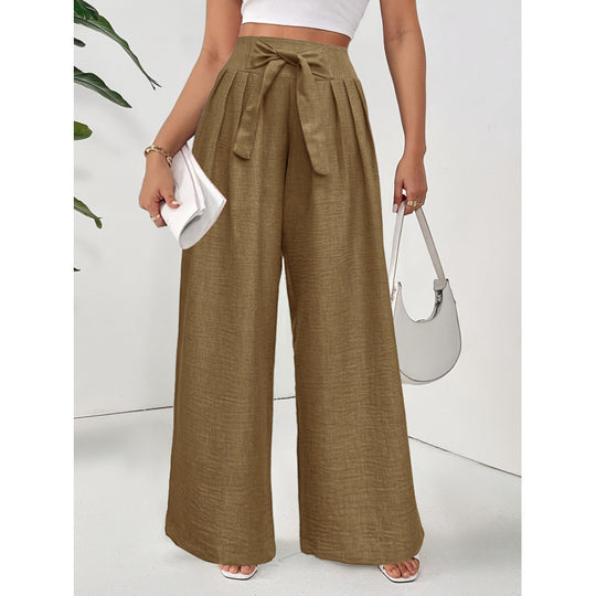 Damen Weite Hochtaillierte Hose mit Schleifenbund und Falten EB