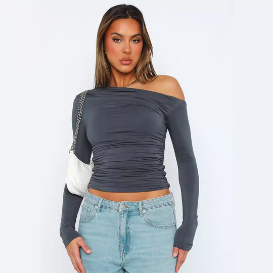 Damen Stylisches Oversized Shirt mit versetztem Kragen und Raffung EB