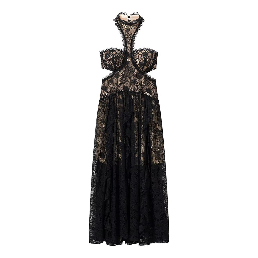 Damen Spitzenmaxikleid mit raffinierten Rüschendetails und elegantem Halterneck EB