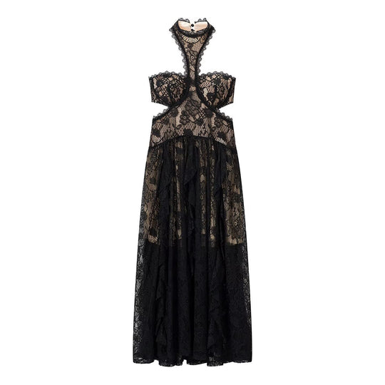 Damen Spitzenmaxikleid mit raffinierten Rüschendetails und elegantem Halterneck EB