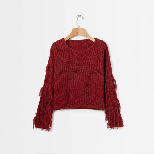 Damen modischer Strickpullover mit fransigen Ärmeln und besonderem Strukturmuster EB