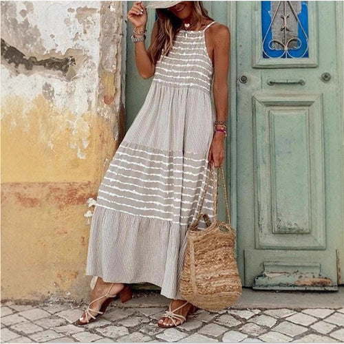 Damen Sommerliches Maxikleid mit gestreiftem Design und komfortablem Rückenausschnitt EB