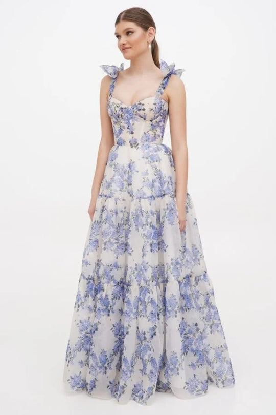 Damen Elegantes Maxikleid mit floralen Details und Rüschenträgern EB