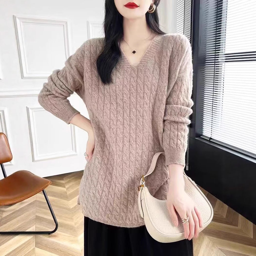 Damen Grobstrickpullover mit V-Ausschnitt und lässigem Schnitt EB