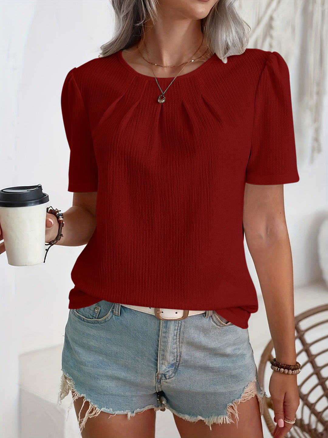 Damen Modisches Oberteil mit strukturiertem Design und Puffärmeln EB